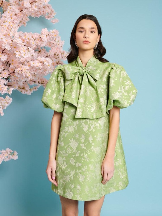 Sister Jane Dresses & Skirts - Sister Jane Green Puff-Sleeve Floral Tie-Neck Dress